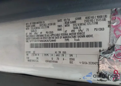 2016 Ford Transit-250 from USA, damaged, VIN 1FTYR1YM6GKA72440